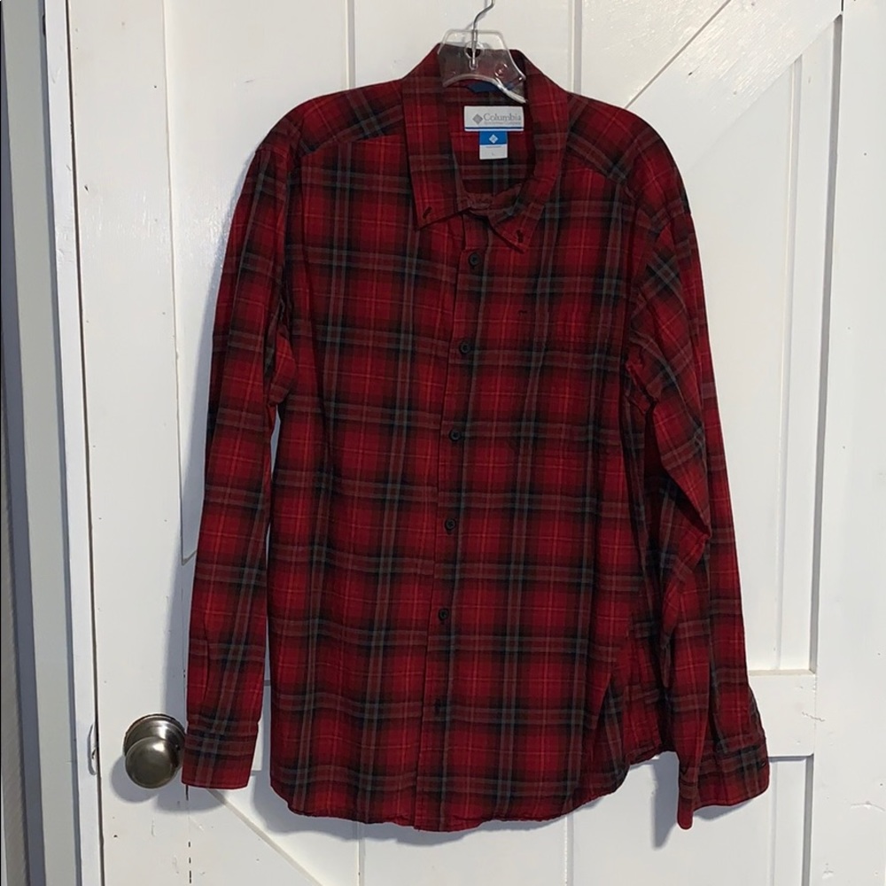 Columbia Dress Shirt Large Red Gray Plaid